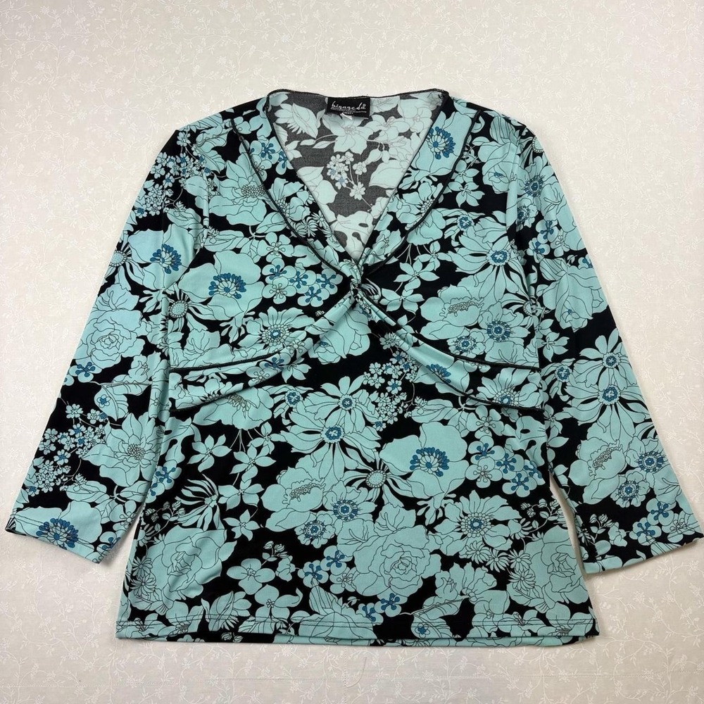 2000's Blue & Black Floral Work Blouse — Size M 🩵